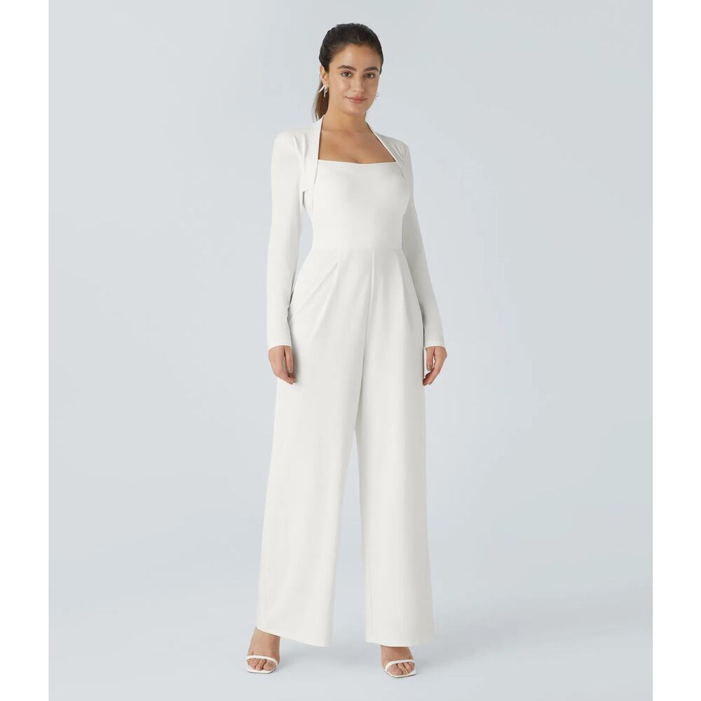 Halara Long Sleeve Wide Leg Jumpsuit Casual White Stretch Bridal Small